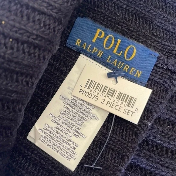 Brand New Polo Ralph Lauren 2-Piece Wool Hat & Scarf Set Navy Blue Deep Red Pony